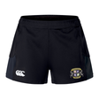 The Winchester Cannons Women's Advantage Short 2.0 by EMB Canterbury features a white Canterbury logo on the left, an embroidered shield and lion crest on the right, and is made from recycled material for high-performance training.