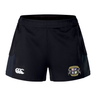 The Winchester Cannons Women's Advantage Short 2.0 by EMB Canterbury features a white Canterbury logo on the left, an embroidered shield and lion crest on the right, and is made from recycled material for high-performance training.