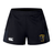 The Spartan Youth Rugby Women's Advantage Short 2.0 by EMB Canterbury features black sustainable fabric, a white Canterbury logo on the left, and a yellow Spartan Youth Rugby logo on the right—ideal eco-friendly sportswear for women.