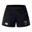 The Spartan Youth Rugby Women's Advantage Short 2.0 by EMB Canterbury features black sustainable fabric, a white Canterbury logo on the left, and a yellow Spartan Youth Rugby logo on the right—ideal eco-friendly sportswear for women.