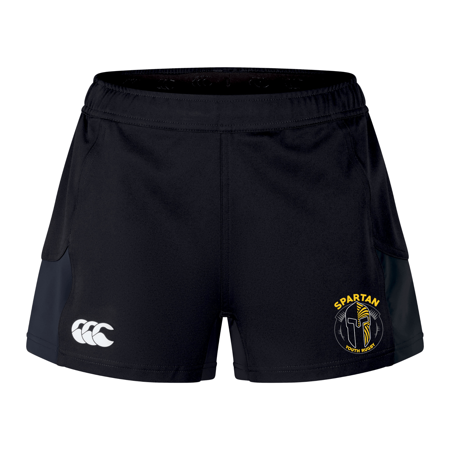 The Spartan Youth Rugby Women's Advantage Short 2.0 by EMB Canterbury features black sustainable fabric, a white Canterbury logo on the left, and a yellow Spartan Youth Rugby logo on the right—ideal eco-friendly sportswear for women.