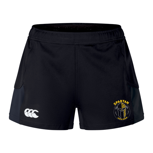 The Spartan Youth Rugby Women's Advantage Short 2.0 by EMB Canterbury features black sustainable fabric, a white Canterbury logo on the left, and a yellow Spartan Youth Rugby logo on the right—ideal eco-friendly sportswear for women.