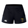 The Spartan Youth Rugby Women's Advantage Short 2.0 by EMB Canterbury features black sustainable fabric, a white Canterbury logo on the left, and a yellow Spartan Youth Rugby logo on the right—ideal eco-friendly sportswear for women.