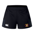 The Potomac Exiles Rugby Club Women's Advantage Short 2.0 by EMB Canterbury features black recycled performance fabric for exceptional durability and comfort. Designed with the iconic Canterbury logo on the left front and a "2011" Potomac Exiles Rugby Club crest on the right front, these shorts are ideal for active lifestyles.