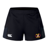 The Potomac Exiles Rugby Club Women's Advantage Short 2.0 by EMB Canterbury features black recycled performance fabric for exceptional durability and comfort. Designed with the iconic Canterbury logo on the left front and a "2011" Potomac Exiles Rugby Club crest on the right front, these shorts are ideal for active lifestyles.