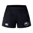 The EMB Canterbury Society of Iowa Rugby Referees Women’s Advantage Short 2.0 features a white Canterbury logo on the left leg and a circular floral emblem on the right, crafted from recycled materials for comfort and sustainability.