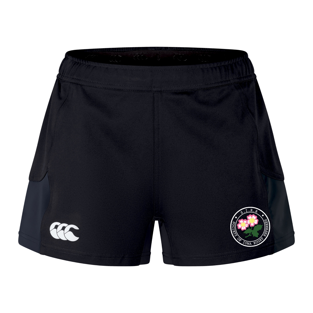 The EMB Canterbury Society of Iowa Rugby Referees Women’s Advantage Short 2.0 features a white Canterbury logo on the left leg and a circular floral emblem on the right, crafted from recycled materials for comfort and sustainability.