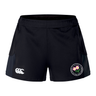 The EMB Canterbury Society of Iowa Rugby Referees Women’s Advantage Short 2.0 features a white Canterbury logo on the left leg and a circular floral emblem on the right, crafted from recycled materials for comfort and sustainability.