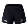 Introducing the Hornets Rugby Club 1977 Women's Advantage Short 2.0 by Canterbury from EMB Canterbury—sleek black athletic shorts featuring a white Canterbury logo on the left and a Hornets Rugby Club emblem, showcasing a wasp, the year 1977, and crossed rugby balls on the right. These sustainable shorts blend timeless style with eco-friendly materials for lasting comfort both on and off the field.