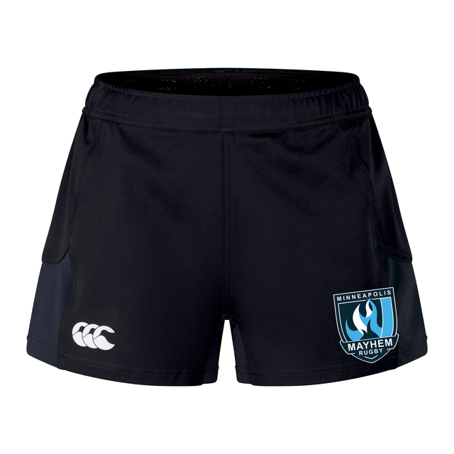 The Minneapolis Mayhem Rugby Women’s Advantage Short 2.0 by Canterbury are black recycled performance shorts from EMB Canterbury, featuring a white Canterbury logo on the left leg and the Minneapolis Mayhem Rugby Club crest on the right leg for a stylish and comfortable sustainable athletic option.