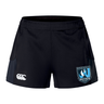 The Minneapolis Mayhem Rugby Women’s Advantage Short 2.0 by Canterbury are black recycled performance shorts from EMB Canterbury, featuring a white Canterbury logo on the left leg and the Minneapolis Mayhem Rugby Club crest on the right leg for a stylish and comfortable sustainable athletic option.