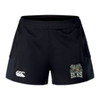 Introducing the Lewis County Elks Women’s Advantage Short 2.0 by EMB Canterbury—crafted for both comfort and durability, these black performance training shorts feature the Canterbury logo on the left leg and an Elks team emblem on the right leg, making them ideal for women’s rugby or any active pursuit.