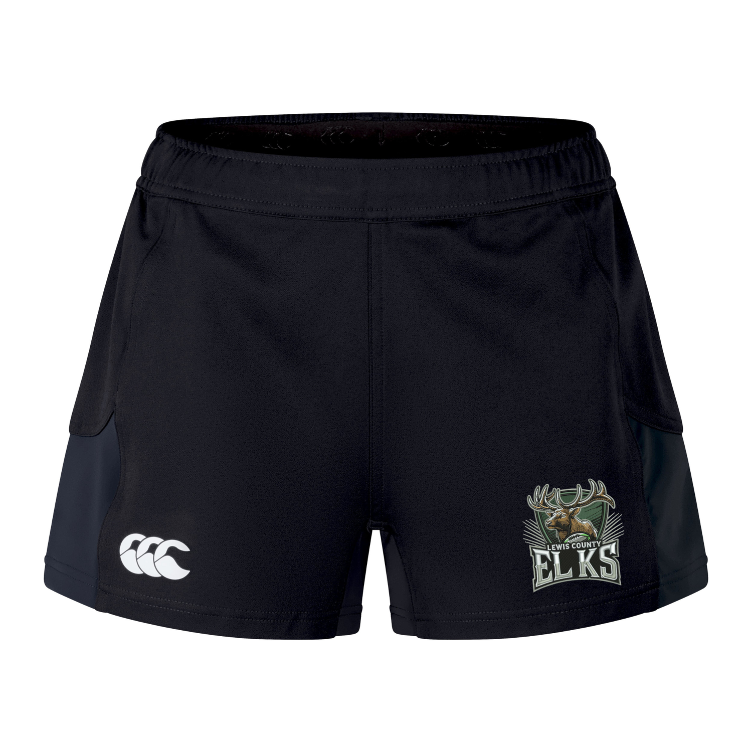Introducing the Lewis County Elks Women’s Advantage Short 2.0 by EMB Canterbury—crafted for both comfort and durability, these black performance training shorts feature the Canterbury logo on the left leg and an Elks team emblem on the right leg, making them ideal for women’s rugby or any active pursuit.