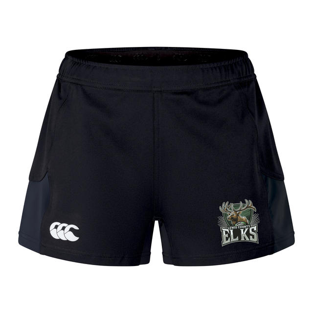Introducing the Lewis County Elks Women’s Advantage Short 2.0 by EMB Canterbury—crafted for both comfort and durability, these black performance training shorts feature the Canterbury logo on the left leg and an Elks team emblem on the right leg, making them ideal for women’s rugby or any active pursuit.