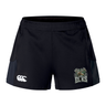 Introducing the Lewis County Elks Women’s Advantage Short 2.0 by EMB Canterbury—crafted for both comfort and durability, these black performance training shorts feature the Canterbury logo on the left leg and an Elks team emblem on the right leg, making them ideal for women’s rugby or any active pursuit.
