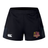 Introducing the Godzilla Rugby Football Club Women’s Advantage Short 2.0 by EMB Canterbury, these black performance training shorts showcase a white Canterbury logo on the left leg and a vibrant Godzilla team logo with a red monster on the right leg. Designed as sustainable athletic wear, they provide both comfort and style for your workout needs.