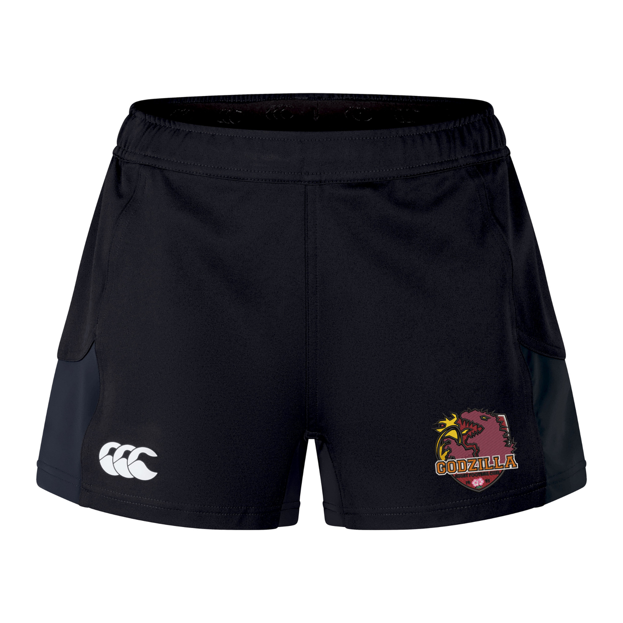 Introducing the Godzilla Rugby Football Club Women’s Advantage Short 2.0 by EMB Canterbury, these black performance training shorts showcase a white Canterbury logo on the left leg and a vibrant Godzilla team logo with a red monster on the right leg. Designed as sustainable athletic wear, they provide both comfort and style for your workout needs.