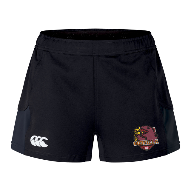 Introducing the Godzilla Rugby Football Club Women’s Advantage Short 2.0 by EMB Canterbury, these black performance training shorts showcase a white Canterbury logo on the left leg and a vibrant Godzilla team logo with a red monster on the right leg. Designed as sustainable athletic wear, they provide both comfort and style for your workout needs.
