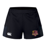 Introducing the Godzilla Rugby Football Club Women’s Advantage Short 2.0 by EMB Canterbury, these black performance training shorts showcase a white Canterbury logo on the left leg and a vibrant Godzilla team logo with a red monster on the right leg. Designed as sustainable athletic wear, they provide both comfort and style for your workout needs.