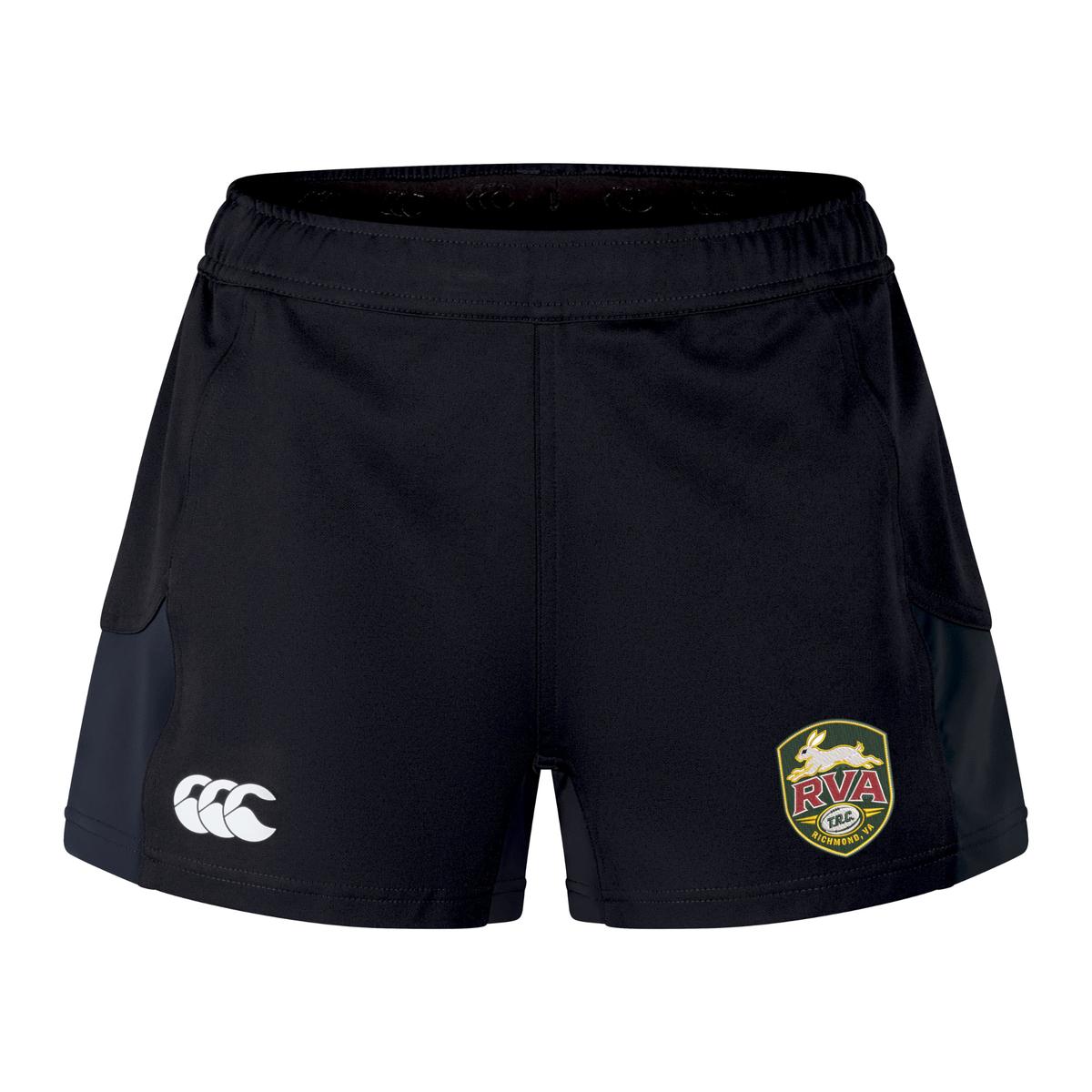 EMB Canterbury’s RVA T.R.C. Women’s Advantage Short 2.0 showcases a white Canterbury logo on the left and an RVA rugby crest on the right, crafted from recycled materials to support sustainable training sessions.