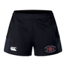 The Santa Rosa Youth Rugby Women’s Advantage Short 2.0 by Canterbury, from EMB Canterbury, are black recycled athletic shorts featuring “Santa Rosa Youth Rugby” and a rose emblem on the left leg, with a white CCC logo on the right leg—designed for both comfort and durability.