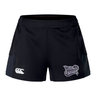 EMB Canterbury Valley Panthers Girls Rugby Women’s Advantage Short 2.0 athletic shorts feature the “Valley Panther Girls Rugby” logo on the right leg and a white Canterbury logo on the left, with dark side panels and eco-friendly construction using recycled materials for sustainable performance.