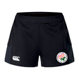 The Society of Iowa Rugby Referees Women’s Advantage Short 2.0 by EMB Canterbury features a white Canterbury logo on one leg and a round floral crest with Japanese text on the other, crafted from recycled materials for those who value performance-driven, eco-friendly women’s training shorts.
