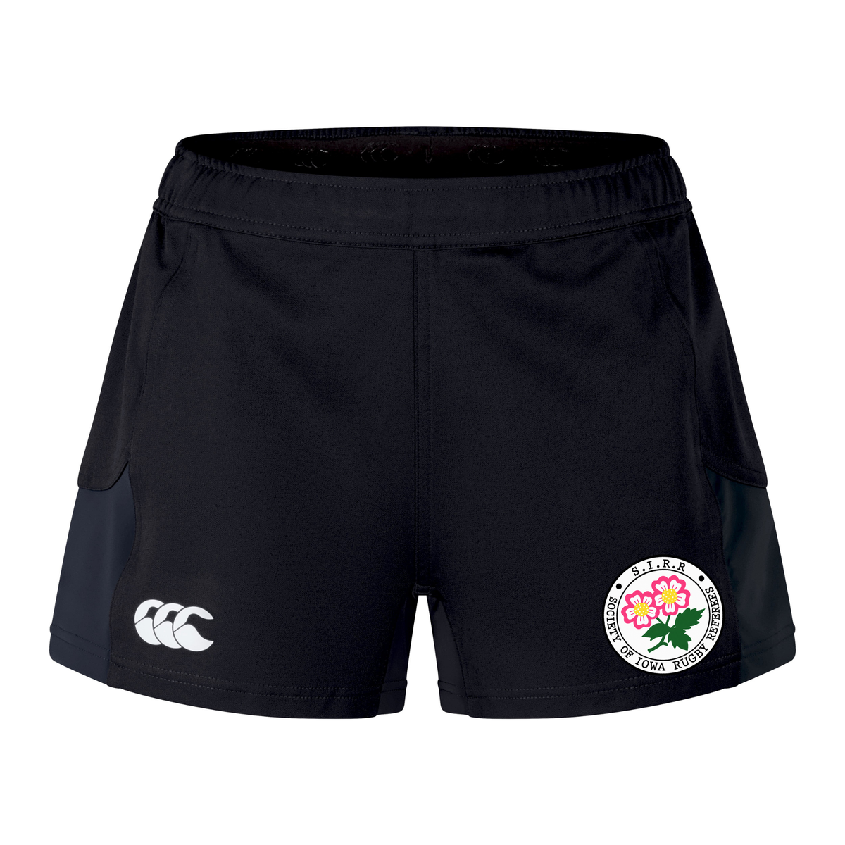 The Society of Iowa Rugby Referees Women’s Advantage Short 2.0 by EMB Canterbury features a white Canterbury logo on one leg and a round floral crest with Japanese text on the other, crafted from recycled materials for those who value performance-driven, eco-friendly women’s training shorts.