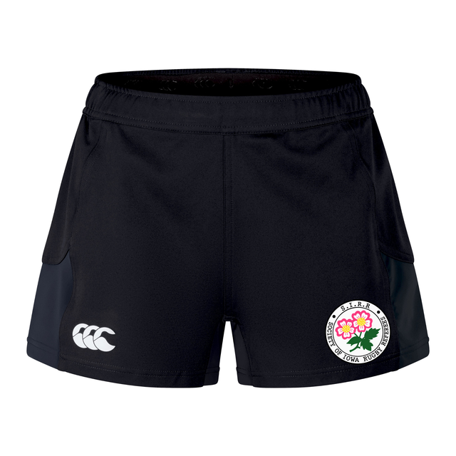 The Society of Iowa Rugby Referees Women’s Advantage Short 2.0 by EMB Canterbury features a white Canterbury logo on one leg and a round floral crest with Japanese text on the other, crafted from recycled materials for those who value performance-driven, eco-friendly women’s training shorts.