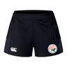 The Society of Iowa Rugby Referees Women’s Advantage Short 2.0 by EMB Canterbury features a white Canterbury logo on one leg and a round floral crest with Japanese text on the other, crafted from recycled materials for those who value performance-driven, eco-friendly women’s training shorts.