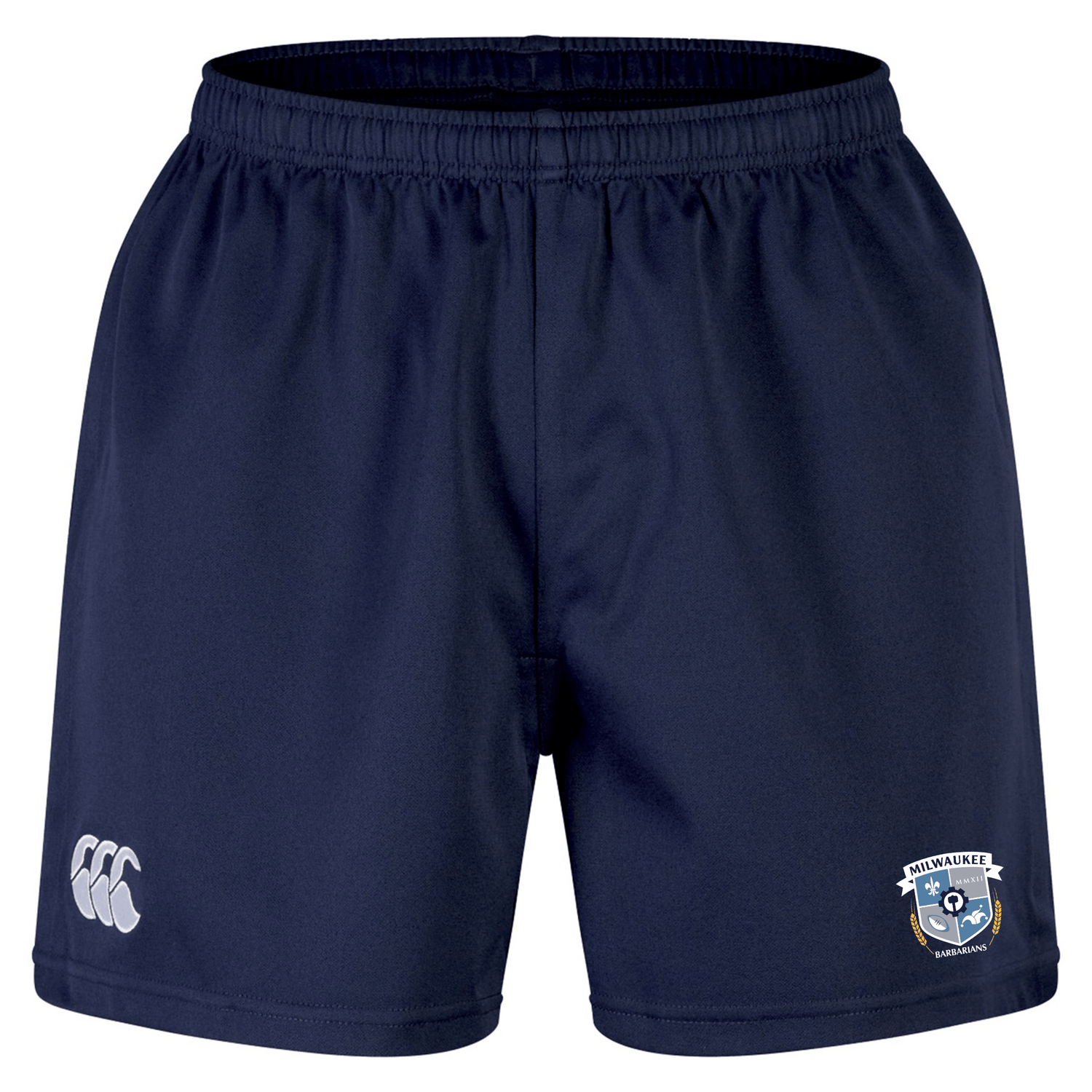 The Milwaukee Barbarians Rugby Advantage Short 2.0 by EMB Canterbury features an elastic waistband, a white CCC logo on the left leg, and the Milwaukee rugby club crest on the right—ideal recycled shorts for performance training.