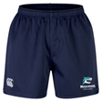 The NC Rugby Academy - Megalodons Advantage Short 2.0 by EMB Canterbury features a navy blue design, elastic waistband, white CCC logo on the left leg, and "Megalodons Rugby Academy" shark logo on the right leg.