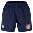 The EMB Canterbury Montgomery Bucks Griffins Advantage Short 2.0 features an elastic waistband, white left-leg logo, and a red and white lion crest on the right—athletic shorts made for style and comfort.