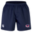 The EMB Canterbury Nebraska Rugby Referee Society Advantage Short 2.0 features navy blue recycled fabric, an elastic waistband, a CCC logo on the left leg, and a Nebraska logo on the right leg—designed for comfort and sustainability.