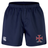 Navy blue SF CDME Rugby Advantage Short 2.0 by EMB Canterbury, featuring an elastic waistband for comfort, a white Canterbury (CCC) logo on the left thigh, and a red and white cross emblem with "CDUL RUGBY" on the right thigh. Made using recycled materials for enhanced durability and sustainability.
