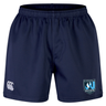 Navy blue Minneapolis Mayhem Rugby Advantage Short 2.0 by EMB Canterbury, featuring an elastic waistband, the Minneapolis Mayhem Rugby logo, and a white CCC logo on the front—crafted for sustainable sportswear and ideal as high-performance athletic shorts.