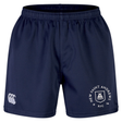 Navy blue New Saint Andrews College Advantage Short 2.0 by Canterbury, made from recycled material with an elastic waistband, featuring the New Saint Andrews RFC logo and a white EMB Canterbury logo on the front.