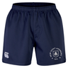 Navy blue New Saint Andrews College Advantage Short 2.0 by Canterbury, made from recycled material with an elastic waistband, featuring the New Saint Andrews RFC logo and a white EMB Canterbury logo on the front.