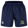 Navy blue Takoma Touch Rugby Advantage Short 2.0 by Canterbury athletic shorts featuring a logo on the left leg and a team crest on the right leg.