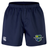 The Kingwood Rugby Advantage Short 2.0 by EMB Canterbury features an elastic waistband, white CCC logo, and a colorful shield-shaped school crest—ideal sustainable athletic wear for peak performance training.