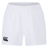 The Canterbury Professional Short 2.0 is a plain white short featuring an elasticated waistband and a black logo on the lower left leg, designed for enhanced durability and comfort.