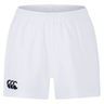 The Canterbury Professional Short 2.0 is a plain white short featuring an elasticated waistband and a black logo on the lower left leg, designed for enhanced durability and comfort.
