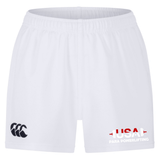 The EMB Canterbury USA Para Powerlifting Professional Short 2.0 features a black CCC logo on the left leg and a red and white "USA Para Powerlifting" logo on the right—ideal for casual wear or professional training.