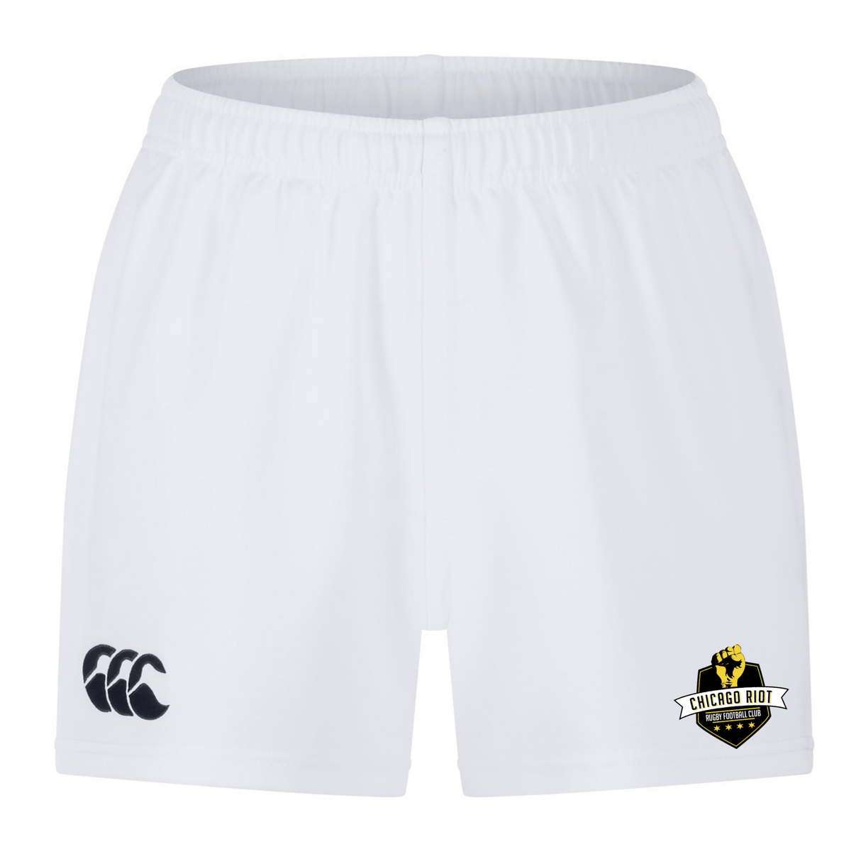 The Chicago Riot Professional Short 2.0 by EMB Canterbury features an elastic waistband, a black Canterbury logo on the left leg, and a black and gold Chicago Riot Rugby logo on the right leg. Durable, comfortable athletic shorts.