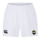 The Chicago Riot Professional Short 2.0 by EMB Canterbury features an elastic waistband, a black Canterbury logo on the left leg, and a black and gold Chicago Riot Rugby logo on the right leg. Durable, comfortable athletic shorts.