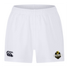 The Chicago Riot Professional Short 2.0 by EMB Canterbury features an elastic waistband, a black Canterbury logo on the left leg, and a black and gold Chicago Riot Rugby logo on the right leg. Durable, comfortable athletic shorts.