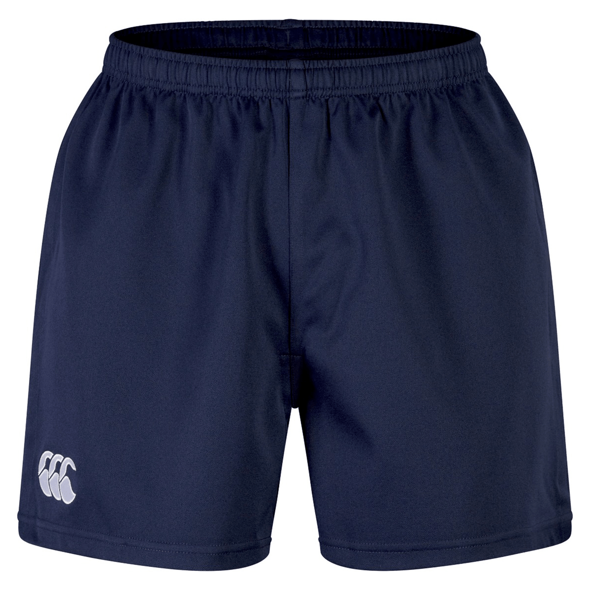 The Canterbury Professional Short 2.0 features an elasticated waistband and a white Canterbury logo on the lower left leg, offering durability and comfort in navy blue for any workout.