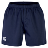 The Canterbury Professional Short 2.0 features an elasticated waistband and a white Canterbury logo on the lower left leg, offering durability and comfort in navy blue for any workout.