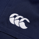 Close-up of Canterbury's Professional Short 2.0 in navy blue, showcasing a white embroidered logo with three wave-like shapes, emphasizing the adjustable fit and impressive durability.