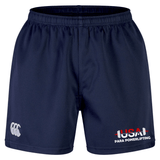 The USA Para Powerlifting Professional Short 2.0 by EMB Canterbury features a navy blue design, elastic waistband, white CCC logo on the left leg, and a USA Para Powerlifting logo on the right—rugby-inspired and durable.